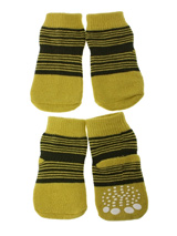 Yellow-Green Striped Pet Socks - These fun and functional doggie socks protect your dogs paws from mud, snow, ice, hot pavement, hot sand and other extreme weather. Made from 95% cotton & 5% spandex making them comfortable and secure. Each sock features a paw shaped anti-slip silica pad & help keep your house sanitary.