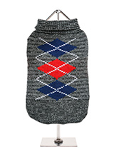 Charcoal Grey / Red Argyle Sweater - Knitted Charcoal Grey / Red Argyle sweater with a red and blue diamond pattern. The Argyle pattern has seen a resurgence in popularity in the last few years due to its adoption by Stuart Stockdale in collections produced by luxury clothing manufacturer, Pringle of Scotland. The rich Scottish heritag...