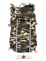 Camouflage Rainstorm Rain Coat - Our new Camouflage Rainstorm Rain coat will protect your dog from the rain and with it's hi-visibility stripe will help them be seen. The adjustable draw string hood will keep the raincoat snug to your dogs face and a drawstring on the hem will allow you to get a nice tight fit to keep the body warm...