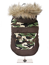 Two-Tone Camouflage Quilted Parka  - This is a military style two tone camouflage parka, this camouflage style is ideal for walks in the park for the more adventurous pet or even the pet that likes to blend into the background. The hood is trimmed with faux fur while the lining is a fleece lined to keep the heat in and the cold out, tr...